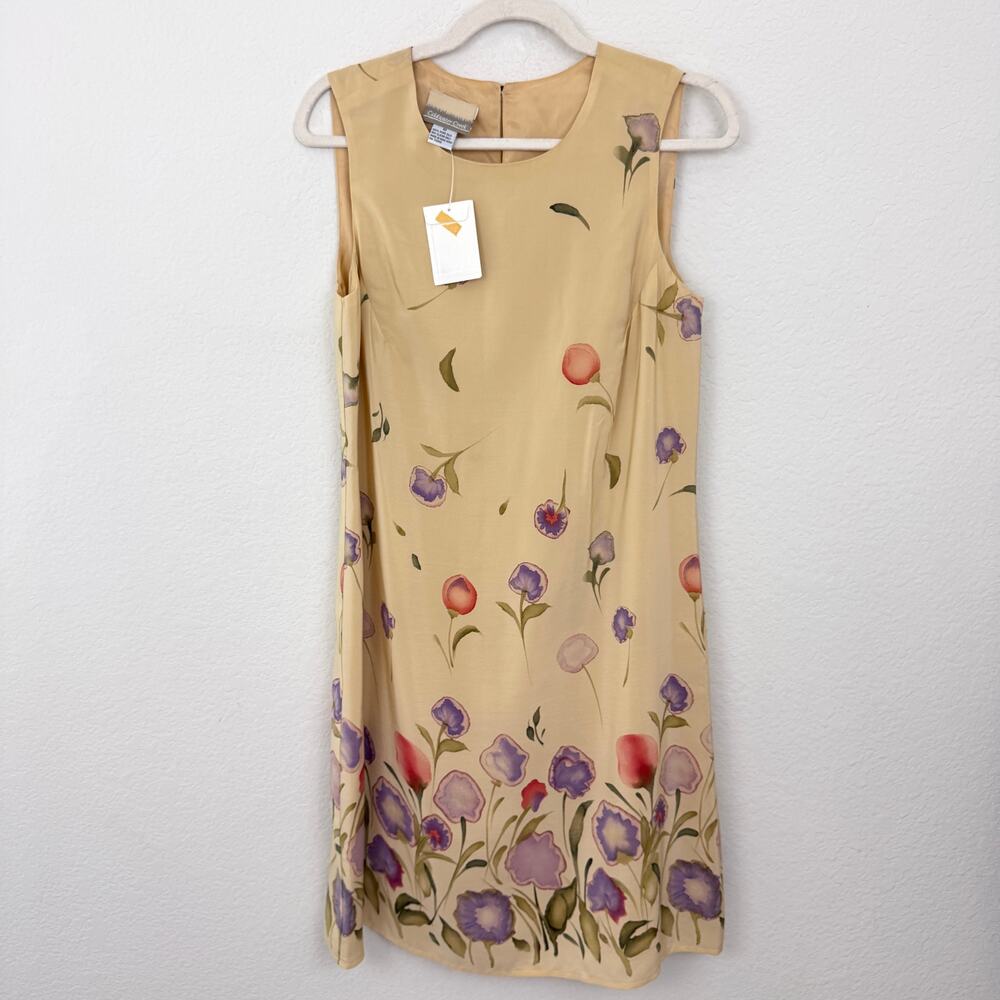 Coldwater Creek Womens 100% Silk Sleeveless Dress Sz 10 Floral Artsy Neutral Tan